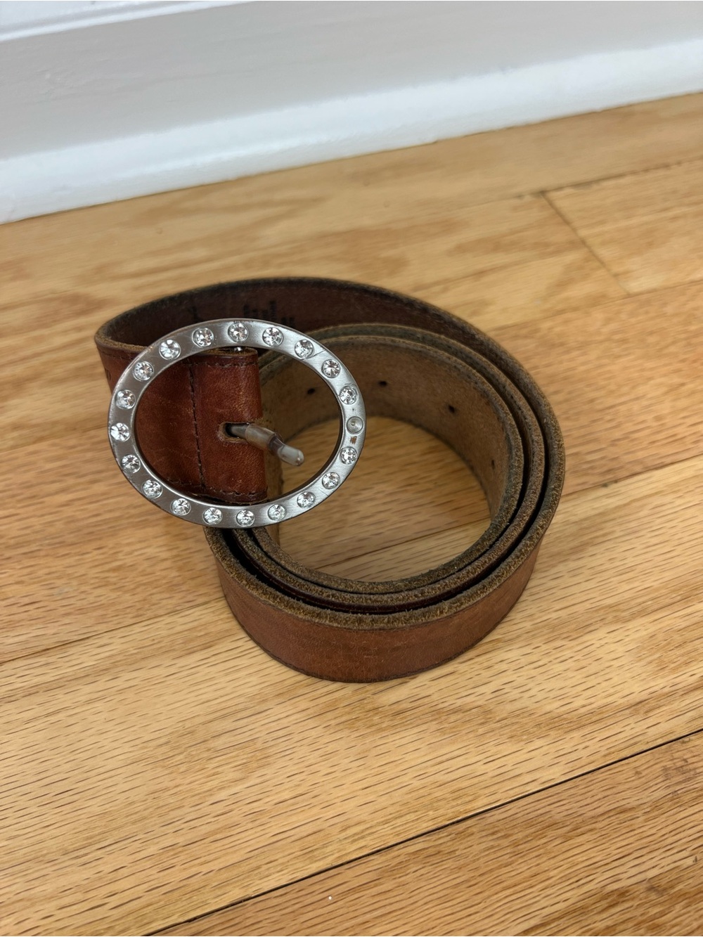 VTG American Eagle Brown Leather Rhinestone Oval Buckle Belt - Picture 2 of 7